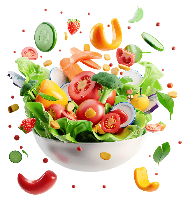 A large bowl of fresh salad with vegetables floating around it